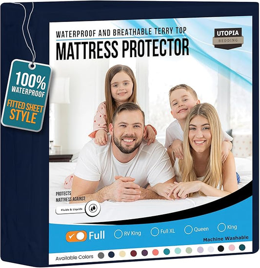 Utopia Bedding Waterproof Mattress Protector Full Size, Premium 200 GSM Terry Mattress Cover, Soft & Breathable Bed Cover, Fitted Sheet Style with Stretchable Deep Pockets 15" (Navy Blue)