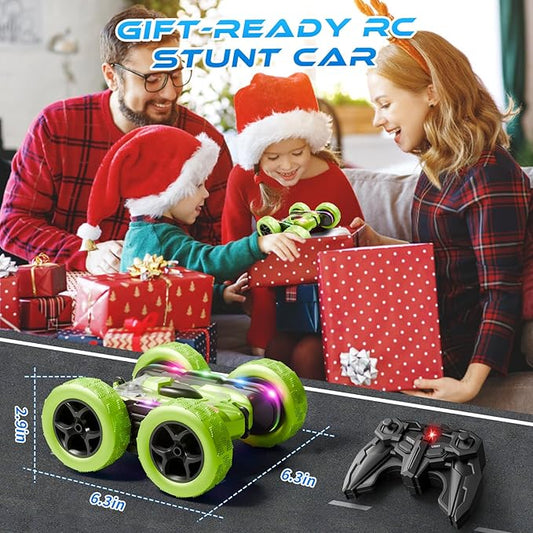 Remote Control Stunt Car – 4WD 360° Flip Double‑Sided RC Car LED Light Bar & Modular USB‑C Battery, 2.4 GHz Off‑Road Toy, Birthday for Boys Girls Ages 6‑12, Green