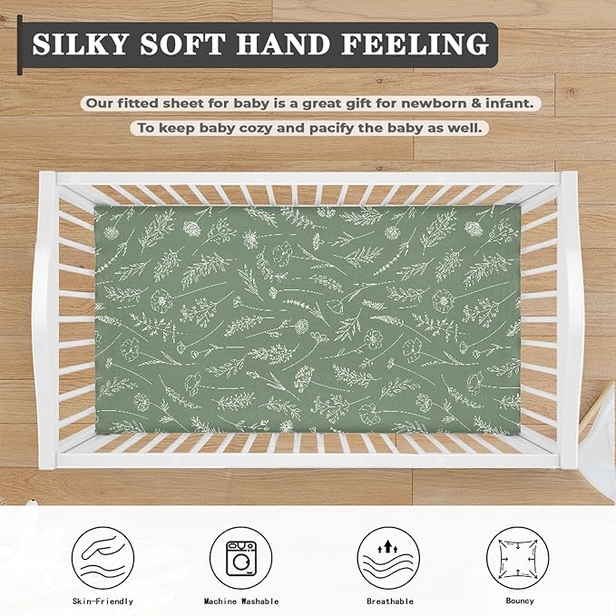 Wildflowers Meadow and Flowers Fitted Crib Sheet Green Sage Baby Crib Sheet Fit Standard Crib and Toddler Mattress,Crib Mattress Sheets for Boys Girls 28"x52"