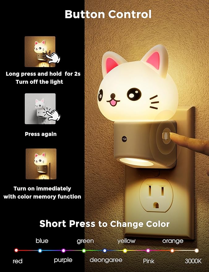 L LOHAS LED Night Light for Kids, 3D Cat Night Light Plug in, Dusk to Dawn Nursery Night Lights, RGB+Soft White 3000K, 3 Lighting Modes, Room Decor, Children