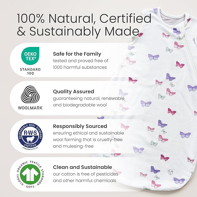 Woolino Merino Wool and Organic Cotton Baby Sleep Bag - 4 Season Classic Sleep Sack for Baby - Two-Way Zipper Sleeping Bag for Baby and Toddler - 6-18 Months - Butterfly