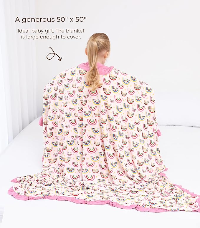 Premium Baby Blankets, Soft Viscose from Bamboo Blanket for Girls, Nursery Crib Bedding Quilt for Newborn and Toddler, Ruffle Blanket Cooling for Hot Sleepers, 50''x50'' Rainbow