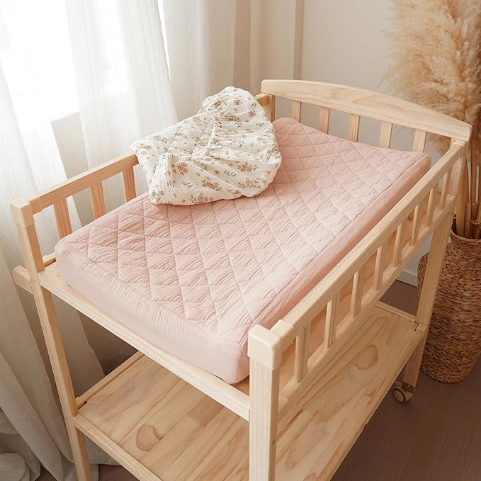 Konssy Waterproof Muslin Changing Pad Cover 2 Pack, Quilted Cotton Fitted Diaper Chang Table Cover, Soft Changing Pad Sheets for Girls Boys (Blossom,Pink)