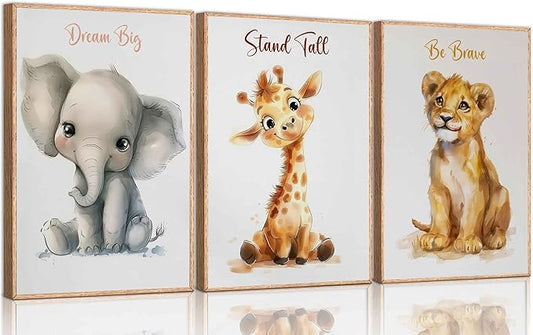 3 Pcs Safari Nursery Canvas Wall Art Kids Cute Inspirational Animal Lion Giraffe Elephant Painting Picture Wall Decor Poster Print Artwork for Baby Boys and Girls Room Home Decoration Unframed