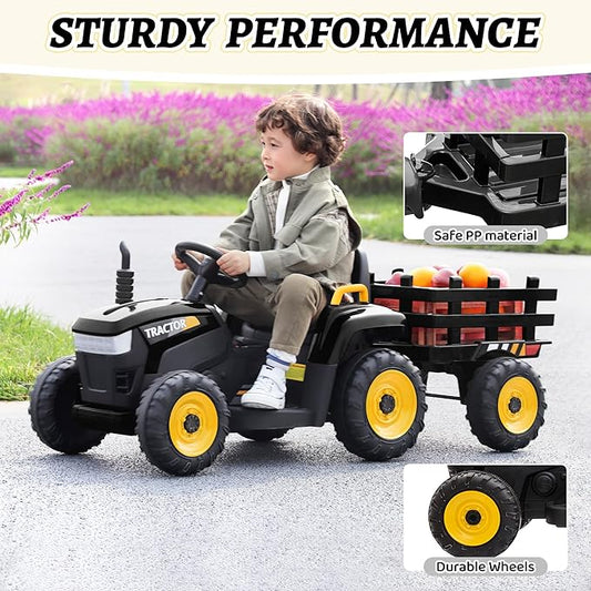 TOBBI Kids Electric Ride On Toy Tractor, Toddlers 12V Battery-Powered Car to Drive, 35W Dual Motor 6-Wheels Trailer Vehicle with 3-Speeds/LED & Horn Functions for Chirdren Aged 3-6-Black