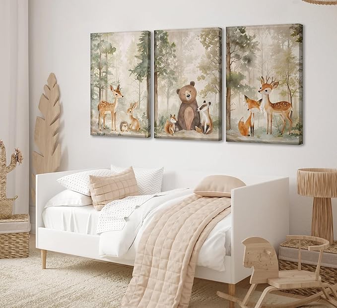 MIZILI 3Pcs Woodland Animal Nursery Canvas wall art Wild Animals Forest Paintings Pictures Wall Decor Fox Bear Deer Watercolor Poster Printing Artwork for Boys Room Girls Room Home Decoration