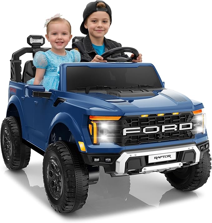 24V Ride on Car Licensed Ford F-150 Raptor, Kids Electric Car with Remote Control, LED Light/Music/MP3, Truck Bed Storage, 3-Point Seat Belt (24V, Blue)