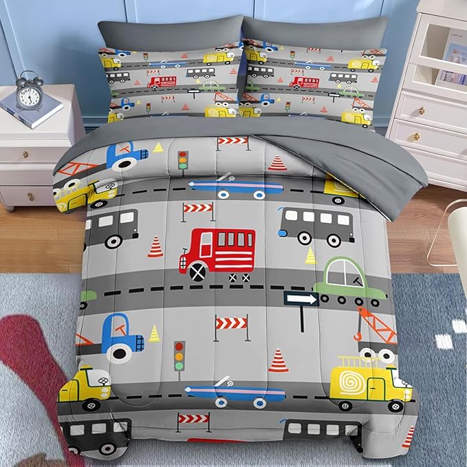 Nesker 4 Pcs Comforter Set Toddler Size, Car Bus Truck Bedding for Kids Teen, Tree Constrution Road Bed Sheet with Pillowcase & Sham