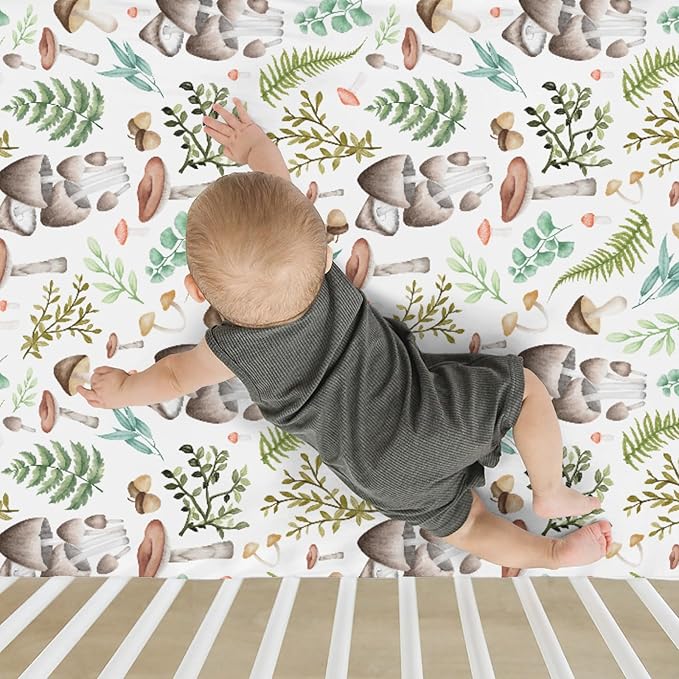 Vintage Mushroom Baby Crib Sheets for Boy Girl 52x28Inch Colorful Mushrooms Leaves Soft Snug Fitted Crib Mattress Cover Magical Plant Baby Sheet for Standard Crib & Toddler Bed Mattress