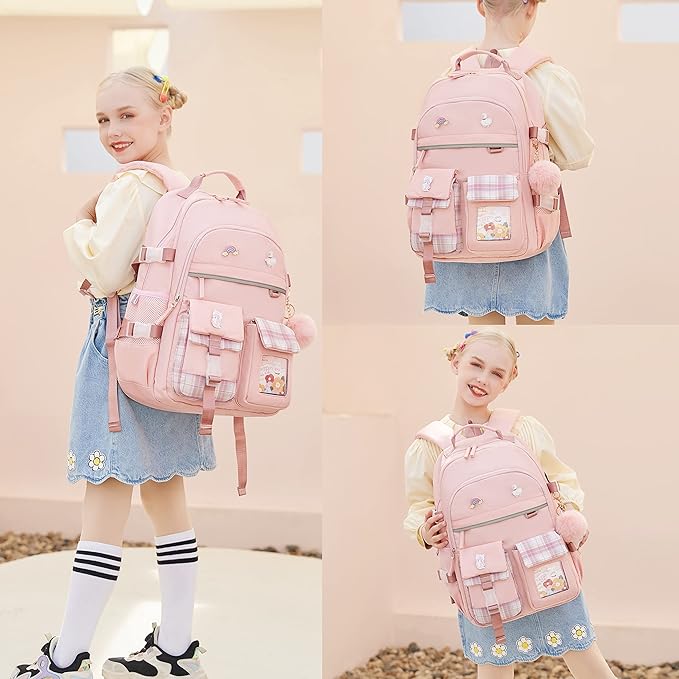 KIDNUO Backpack for Girls, 15.6 Inch Laptop School Bag Kids Kindergarten Elementary College Backpacks Large Bookbags for Teen Girl Women Students Casual Travel Daypacks (Pink)