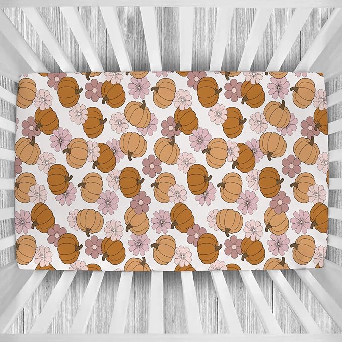 Vintage Pumpkin Boho Floral Baby Crib Sheets Fall Pumpkin Autumn Floral Soft Breathable Baby Sheets Autumn Thanksgiving Harvest Fitted Crib Mattress Cover for Standard Mattress 28x52in