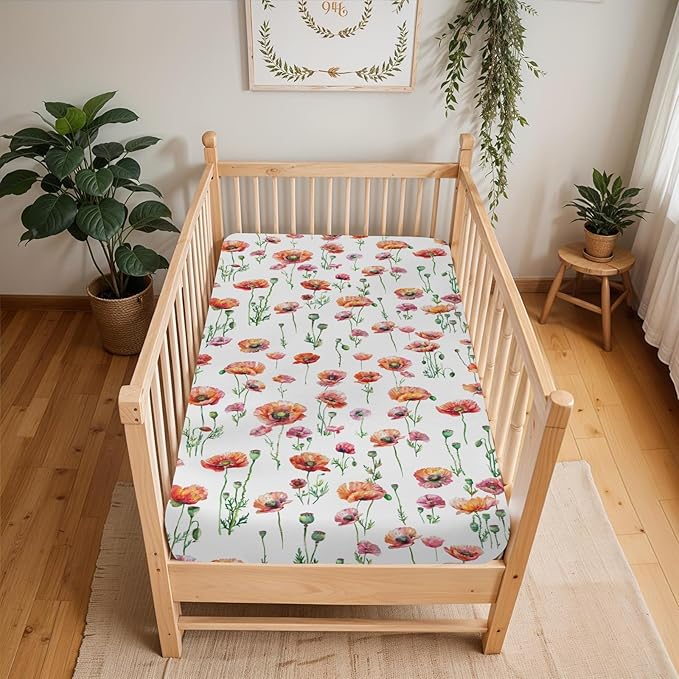 Watercolor Poppies Flowers Baby Crib Sheets for Boy Girl 28"x52" Red Poppies Green Leaves Soft Snug Fitted Crib Mattress Cover Spring Summer Floral Baby Sheet for Standard Crib & Toddler Mattress