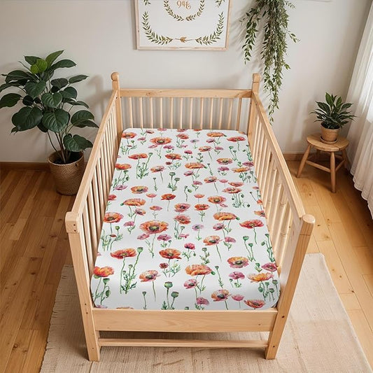 Watercolor Poppies Flowers Baby Crib Sheets for Boy Girl 28"x52" Red Poppies Green Leaves Soft Snug Fitted Crib Mattress Cover Spring Summer Floral Baby Sheet for Standard Crib & Toddler Mattress