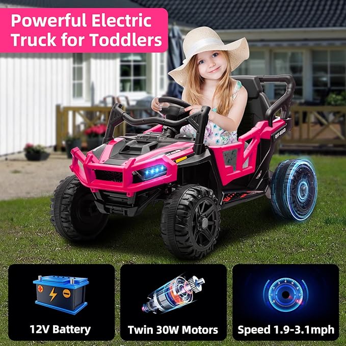 12V Kids Ride on Truck Car with Remote Control, Electric Off-Road UTV for Toddlers, Bluetooth Music, Suspension System Safety Belt, Electric Vehicles Gift for Boys & Girls-Rosy