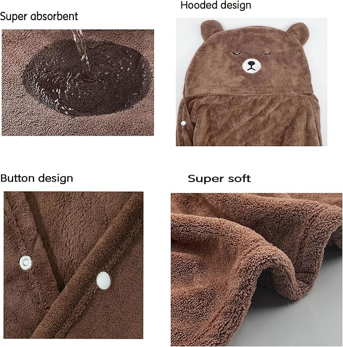 Toddler Bath Towel Baby Towels with Hood 27.5"X55" Ultra Absorbent Soft Bathrobe Blanket Kids Shower Towel for Girls and Boys(Brown Bear)