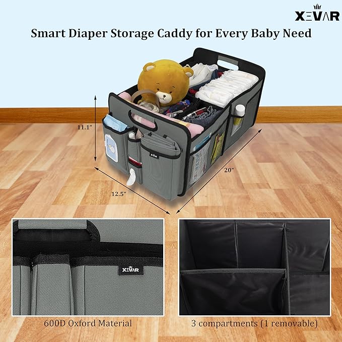 XEVAR Baby Diaper Caddy Organizer with Changing Mat - Portable Car Caddy for Newborn Essentials, Diapers & Wipes, Gift for Baby Shower and New Mom | Oxford Fabric, Grey
