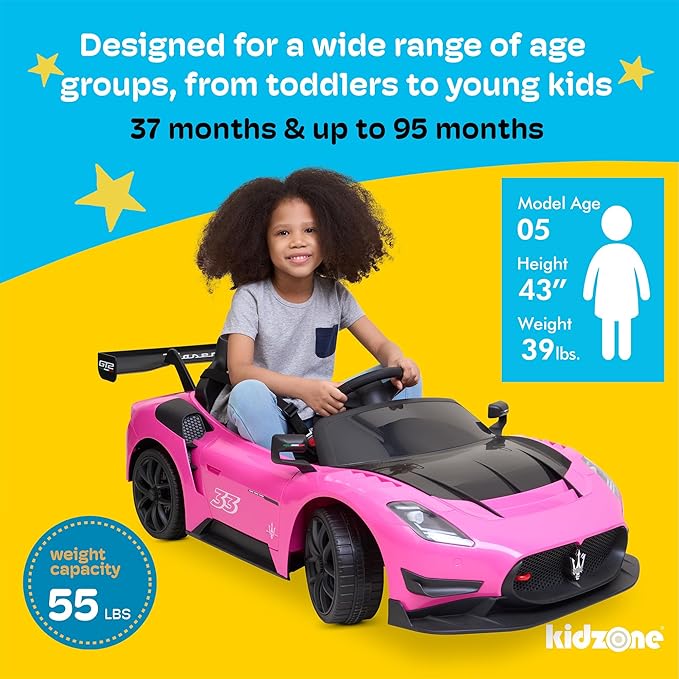 Kidzone 12V Ride On Car for Kids,Licensed Maserati GT2 Electric Battery Powered Sports Car Toy w/Remote Control & Manual Drive, LED Lights, Bluetooth & USB & AUX Port - Black