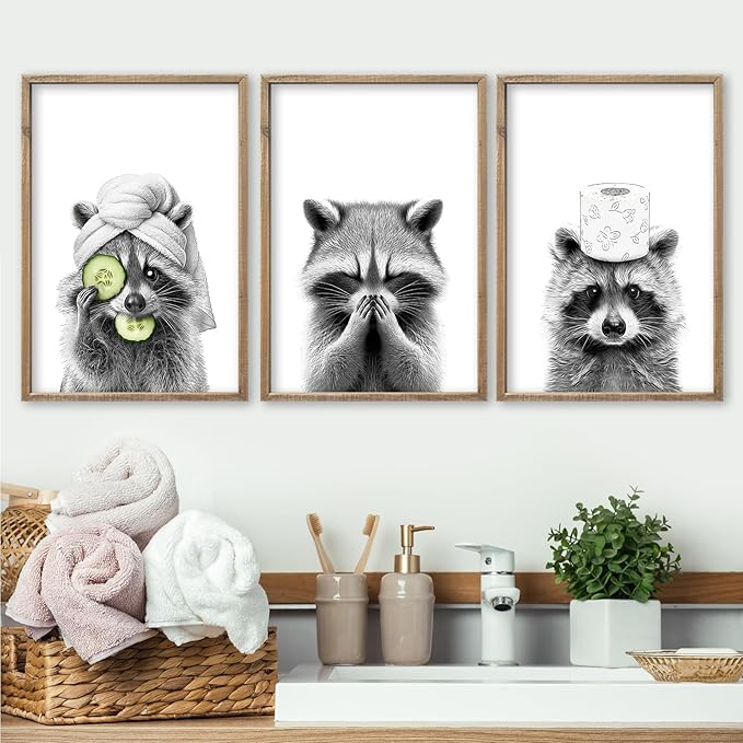Funny Raccoon Bathroom Wall Decor Art 16x11 Inch Set of 3 Fun Bathroom Modern above the Bathtub Sign Rustic Restroom Farmhouse Cute Washroom Animal Prints Wood Framed Wall Hanging (Wood)