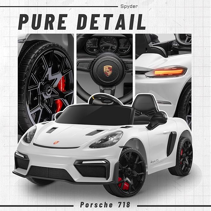 First Ride On 12V Ride on Car for Kids, Licensed Porsche 718 Spyder Battery Powered Ride on Toy, Child Electric Car w/Music, USB, MP3, Bluetooth, 3 Speeds, Wheels Suspension, Led Lights (White)
