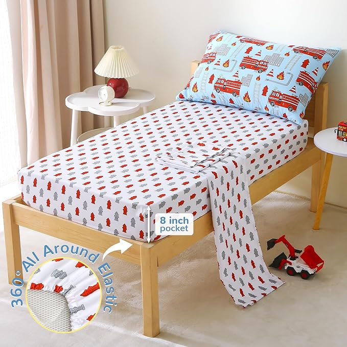 Mooreeke 4 Pieces Toddler Bedding Set - Fire Truck Blue Toddler Comforter Sets for Boys, Includes Comforter, Flat Sheet, Fitted Sheet and Pillowcase, Bed in A Bag for Baby Bedroom