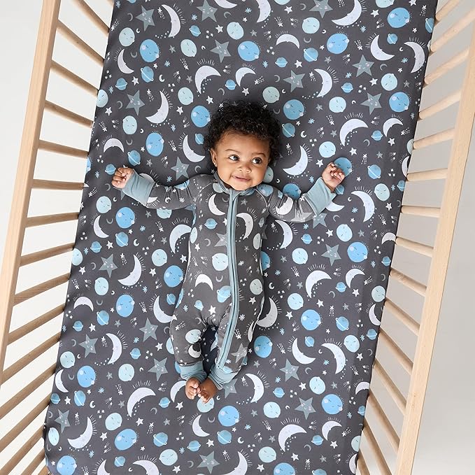 Little Sleepies Baby Crib Sheets, Buttery Soft Viscose From Bamboo Crib Sheets for Boys & Girls, Toddler Bed Sheet, Standard Crib Mattress Sheet, Super Stretchy & Elasticized (Blue To the Moon & Back)