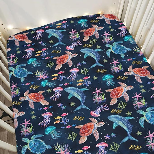 Fantasy Sea Animals Baby Crib Sheets for Boy Girl 28"x52" Turtle Whale Jellyfish Corals Soft Stretchy Fitted Crib Mattress Covers Nautical Marine Baby Sheet for Standard Crib & Toddler Mattress Navy