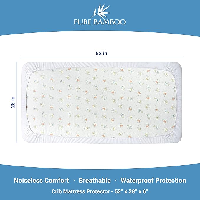 Bamboo Crib Mattress Protector by Pure Bamboo, Waterproof - Breathable, Noiseless Mattress Cover Pad Protects Against Moisture & Stains - Fits 52x28x6 inch Mattress