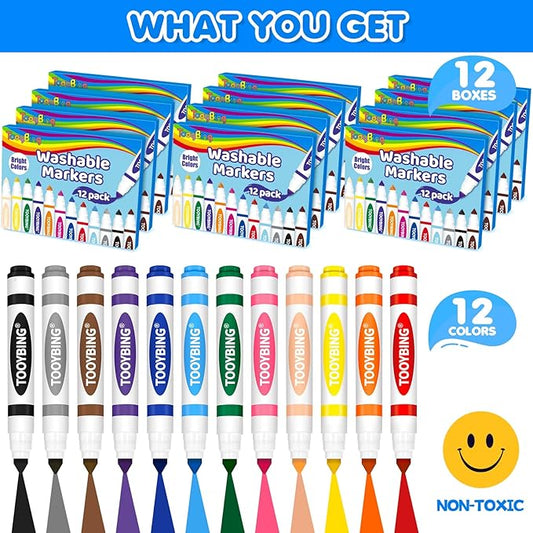 TooyBing Washable Markers Bulk (144 Count, 12 Box), 12 Assorted Colors, Washable Markers for Kids Classroom School, Broad Tip Durable for Back to Classroom Art School Supplies Essentials