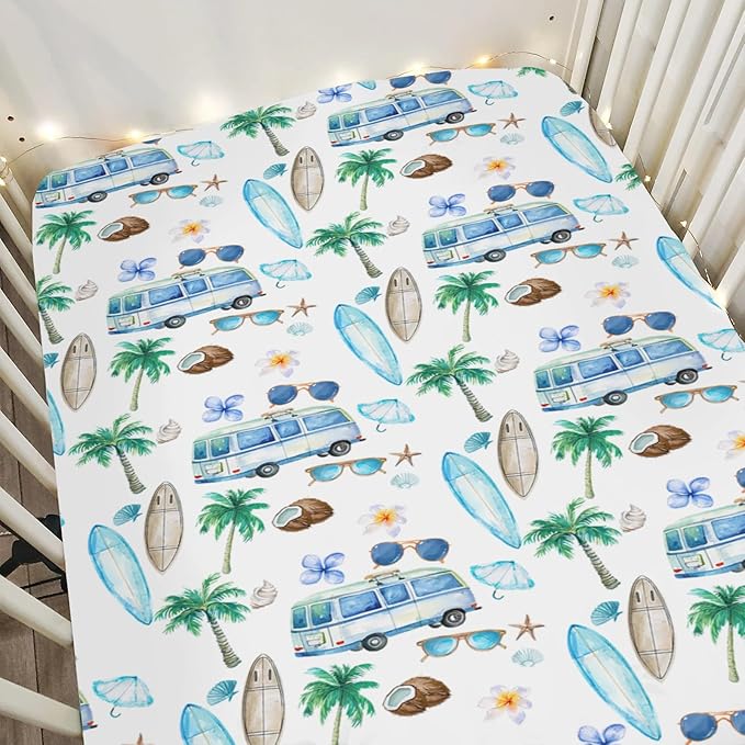 Watercolor Boho Surfing Baby Crib Sheets for Boy Girl 52x28Inch Surfboard Tropical Palm Trees Flowers Soft Snug Fitted Crib Mattress Cover Summer Beach Baby Sheet for Standard Crib & Toddler Mattress