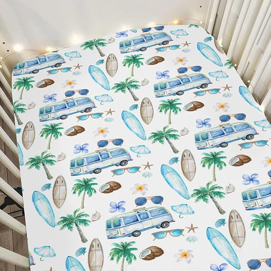 Watercolor Boho Surfing Baby Crib Sheets for Boy Girl 52x28Inch Surfboard Tropical Palm Trees Flowers Soft Snug Fitted Crib Mattress Cover Summer Beach Baby Sheet for Standard Crib & Toddler Mattress