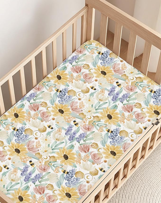 Crib Sheets for Boys and Girls, 2 Pack Fitted Baby Sheets for Standard Toddler Mattress 28" x 52", Soft Breathable Jersey Knit Baby Bedding (Golden Meadow)