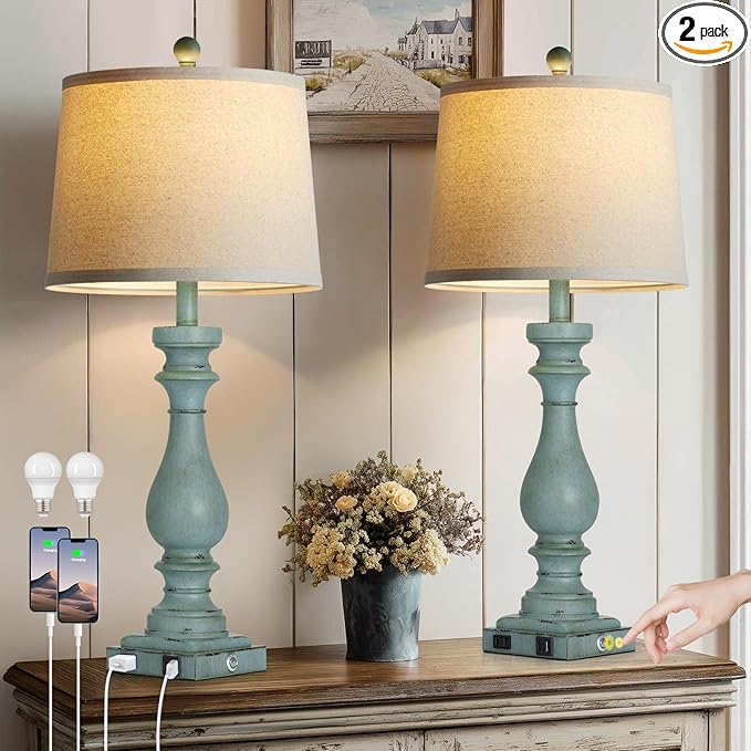 luxeflow 29" Tall Coastal Table Lamps Set of 2,Retro Blue Bedside Lamps with USB C+A Ports & AC Outlet,3-Way Dimmable Touch Lamp for Night Stands Living Room Bedroom,Blue
