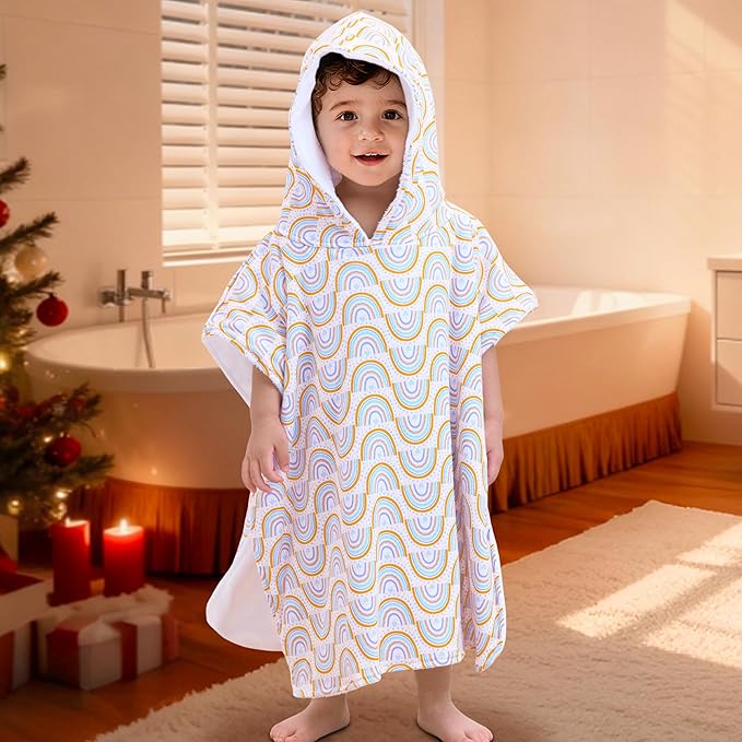 VOOVA & MOVAS Double-Layered Toddler Poncho Towel with Hood (2-4 Years, 20x21 Inches) | Ultra Soft & Absorbent Cotton | Thick Baby Bath Towel for Swimming, Beach, Shower & Winter, Rainbow