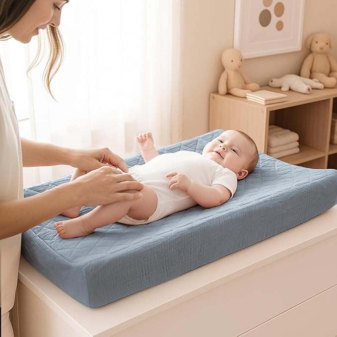 Konssy Waterproof Muslin Changing Pad Cover 2 Pack, Quilted Cotton Fitted Diaper Changing Table Cover, Soft Changing Pad Sheets for Girls Boys (Star,Blue)