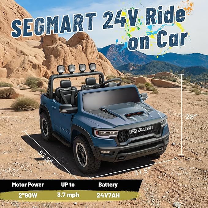 Electric Car for Kids, Licensed Ram 1500 RHO, 24V Ride on Toys for Big Kids, Battery Powered with Parent Remote Control, LED Light/Music/MP3, Back Storage, Blue