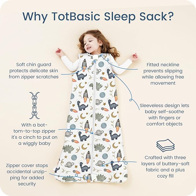 1.0 TOG Toddler Sleep Sack, Wearable Blanket Baby Sleeping Bag with 2-way Safe Zipper, Ultra Soft All Season Sleep Sack for 24-36-48 Months, 1 Pack(Dino Space)