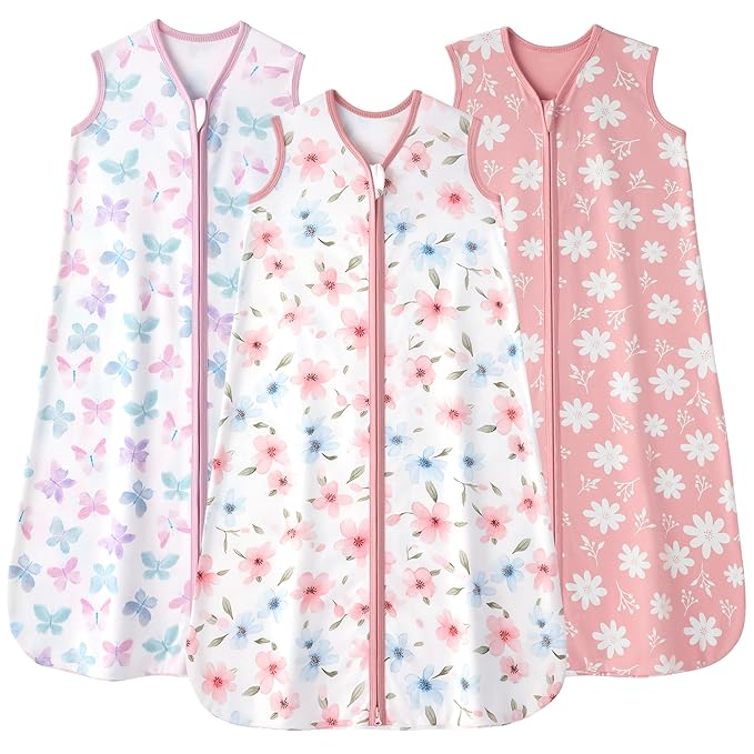 Baby Sleep Sack 0-6 months, 100% Cotton Sleeping Sack for Newborn and Infant, 3 Pack Baby Wearable Blanket, 0.5 Tog Lightweight Double Zipper Sleep Bag Small Pink Butterfly Flower