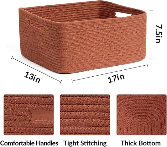 MiniArk Large Storage Baskets for Shelves, Closet Organizers Bins for Clothes Blanket Towels, Baby Nursery, Toy Baskets Box, Woven Rope Baskets, 17 x 13 x 7.5”, 3 Packs Oxide Red