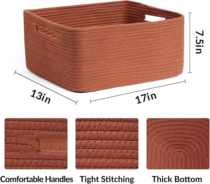 MiniArk Large Storage Baskets for Shelves, Closet Organizers Bins for Clothes Blanket Towels, Baby Nursery, Toy Baskets Box, Woven Rope Baskets, 17 x 13 x 7.5”, 2 Packs Oxide Red