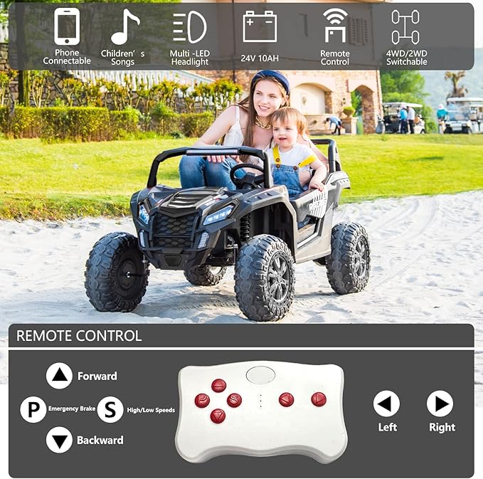 POSTACK 24V 2 Seater Ride On Toy Car Power 4 Wheels for Kids Ages 3-12 4WD UTV with Parents Remote Control 4X4 Electric Vehicles Off-Road Toy Kids to Drive with EVA Tires MusicLED Light, Black