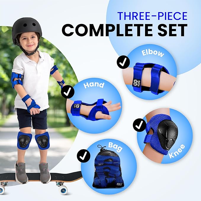99FLIPS Knee Pads for Kids 3-12 Years - 6pcs Complete Set Certified by TÜV Rheinland - Knee Pads Elbow Pads and Wrist Guards for Kids and Toddler - Skateboard Roller Skates Scooter