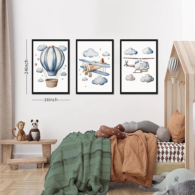 Baby Boy Nursery Wall Art Set of 3, Vintage Blue Travel Boys Room Wall Decor Paintings, Toddler Hot Air Balloon Plane Helicopter Posters Prints Pictures for Kids Room Bedroom 16x24 Inch Wood Framed