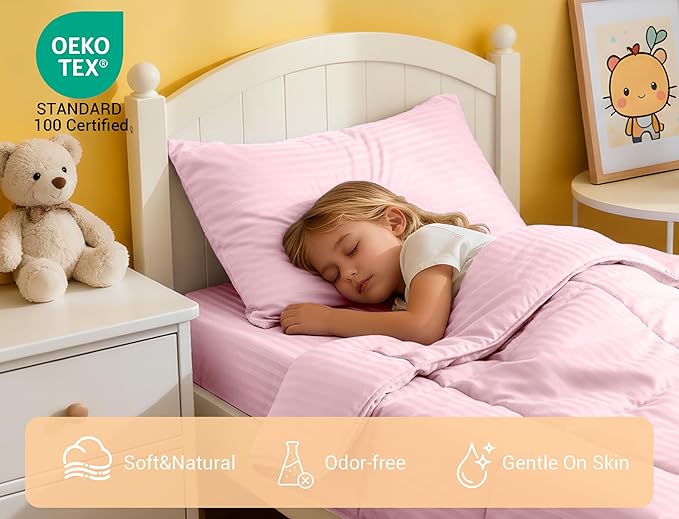 ZPECC Toddler Bedding Set - 4 Piece Hypoallergenic Baby Crib Bedding Set for Boys and Girls, Includes Toddler Comforter, Flat Sheet, Fitted Sheet and Pillowcase, Pink Stripe