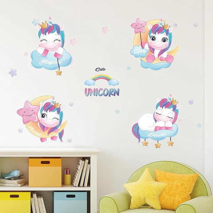 Ollaland Unicorns Wall Decals - Colourful Peel and Stick Cute Unicorn Wall Stickers, Decor for Baby Nursery, Toddler & Kids Bedroom Walls