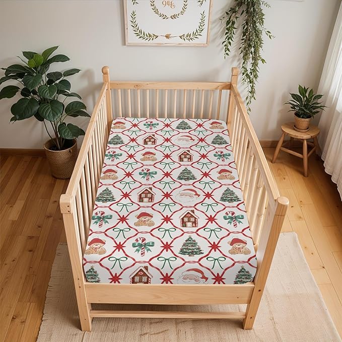 Red and Green Christmas Stripe Baby Crib Sheets for Boy Girl 28"x52" Bear Santa Trees Bows Candy Soft Snug Fitted Crib Mattress Cover Winter Holiday Baby Sheet for Crib & Toddler Bed Mattresses