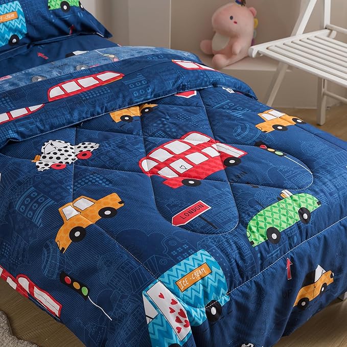 Caressma Twin Size 5 Pieces Comforter Set Bed-in-a-Bag,Soft Fabric Print Cars,Buses & Traffic Lights.Includes Comforter, Fitted Sheet, Flat Sheet, Pillow Case & Pillow Shame for Kids