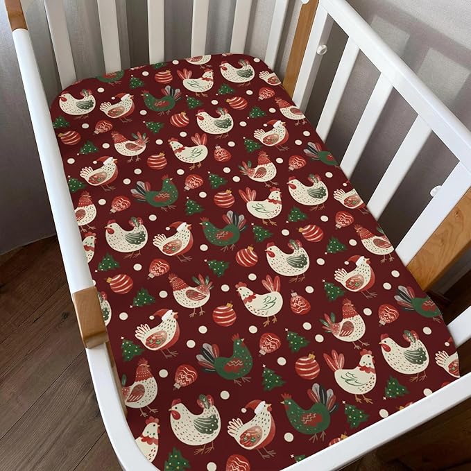 Santa Chicken Baby Crib Sheets for Boy Girl 52x28Inch Cute Christmas Chicken Soft Snug Fitted Crib Mattress Cover Christmas Farm Rooster Hen Baby Sheet for Standard Crib & Toddler Mattress 2 Pack