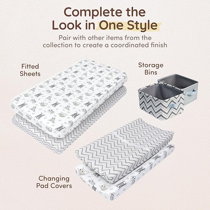 Baby Crib Sheets Boys & Girls Toddler Bed Sheets Cotton Fitted Crib Sheet Sets 28"x52", 8" Deep Pocket, Baby Mattress Sheet 2Pack 100% Cotton, Designed in France, Grey Sloth, Chevron Pattern