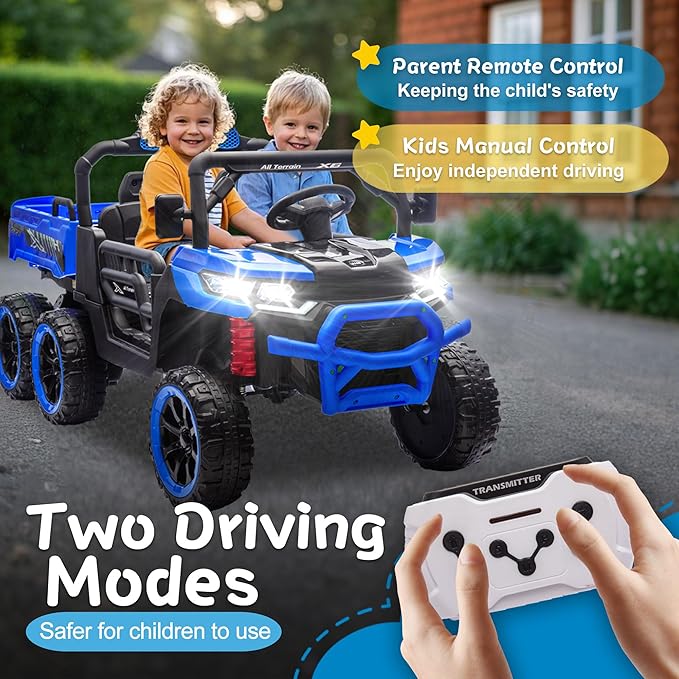 24V 2 Seater 4WD 6x6 Ride On Dump Truck with Remote Control, Ride on Toys for Big Kids with 20inch Seat, 3 Speeds, 4X100 Motors, Music, Ride on Truck for Toddler Boys Girls, Blue