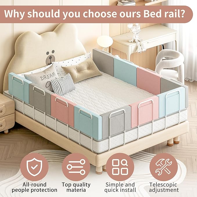 Bed Rail Guards for Toddlers, Adjustable Bed Rails with Safety, Bed Side Rails for Twin, Full, Queen Bunk Size (Grey, 1 Pack)